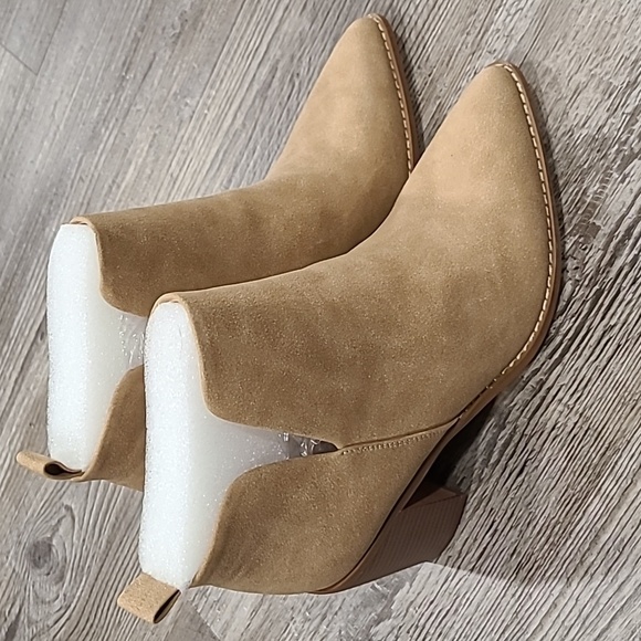 Piepiebuy Shoes - Side V Cutout Suede Chunky Stacked Mid Heel Ankle Boots Size 9.5 by PiePieBuy